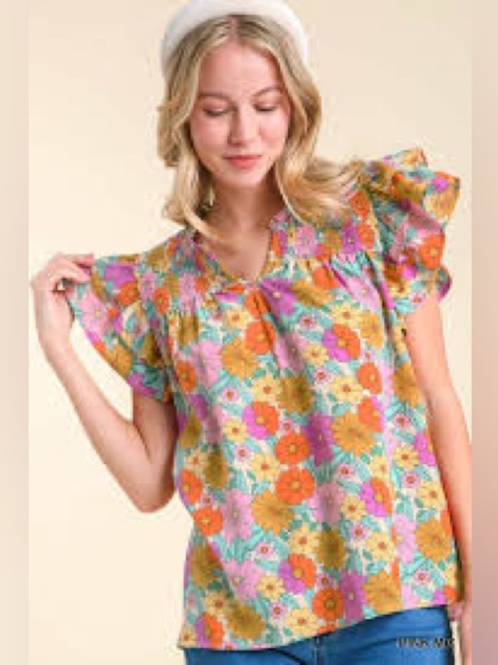 Umgee Floral Flutter Sleeve Smocked Yoke Blouse Top Size Small Boho Cottageco
